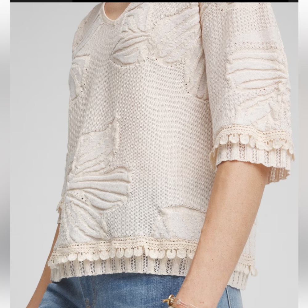 Chico’s Embossed Pointelle Lace Beige Knit Pullover